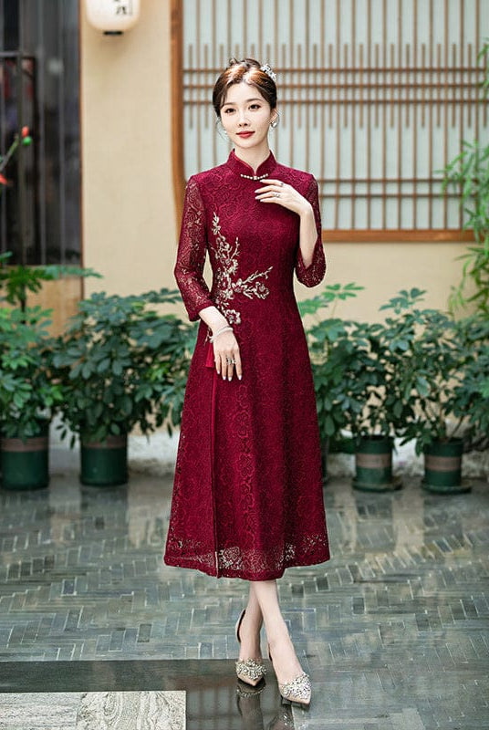Beth and Brian Qipao-HY Floral pattern, mid-length, lace midi Cheongsam