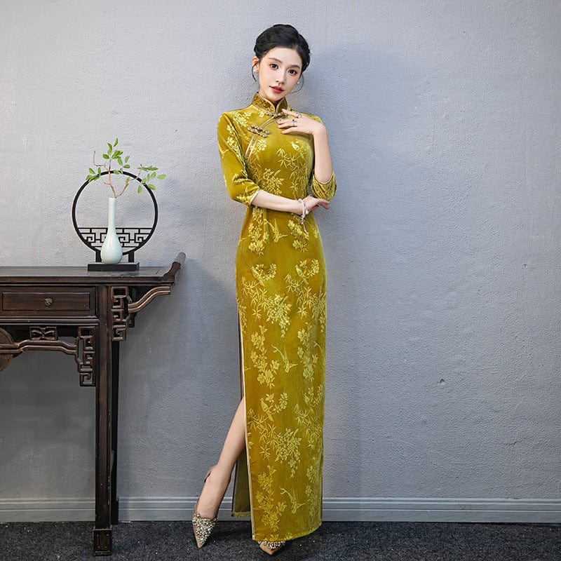 Beth and Brian Qipao-QCYJ Floral print, plus size, yellow long Cheongsam
