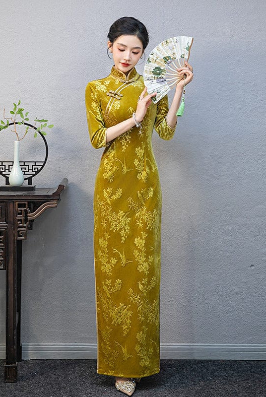 Beth and Brian Qipao-QCYJ Floral print, plus size, yellow long Cheongsam