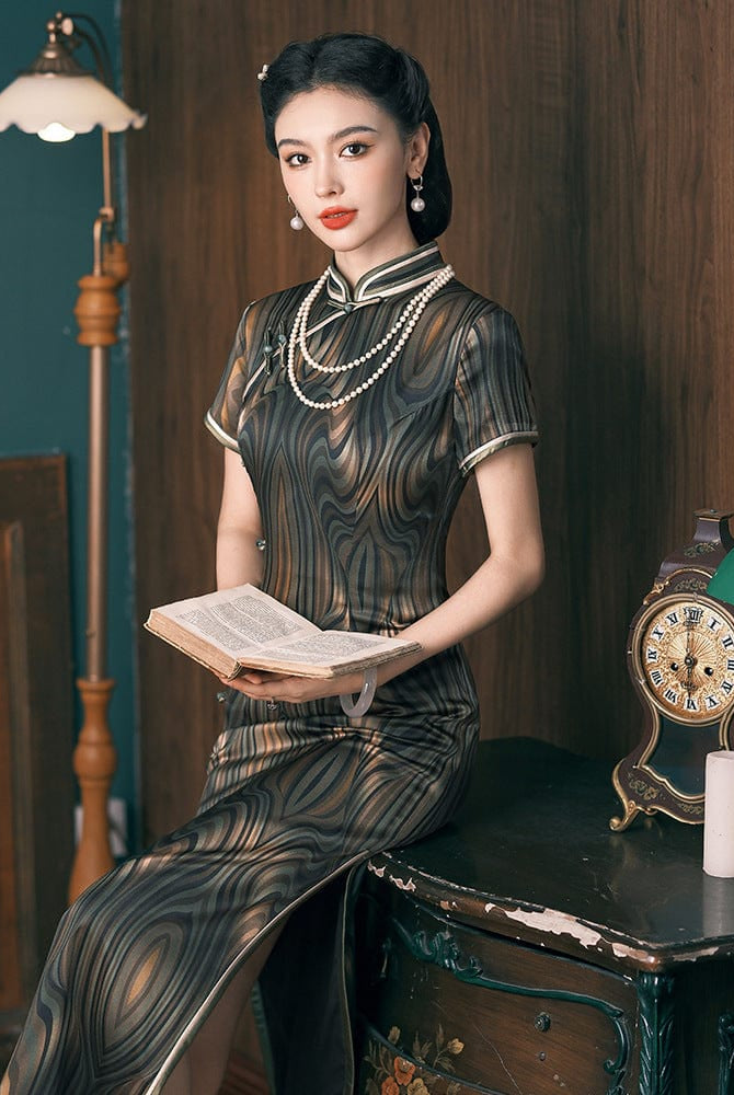 Beth and Brian Qipao-JD Stripe pattern, 19 mome mulberry silk, high-end long Cheongsam