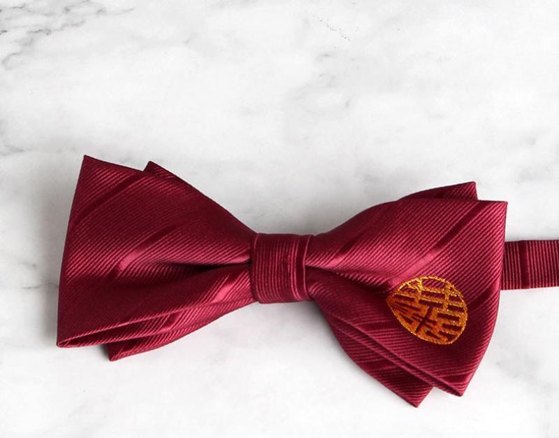 Beth and Brian Qipao - LF Double happiness pattern, jacquard fabric Chinese Tang Suit Bow Tie