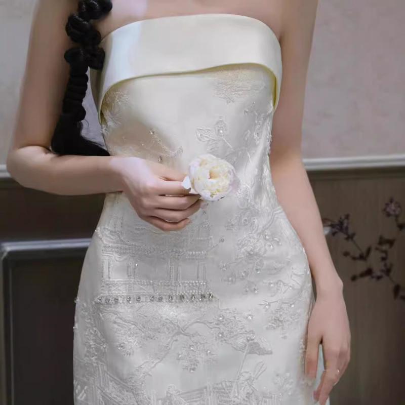 Beth and Brian Qipao-MY Tube top, high-end, white floor-length Cheongsam