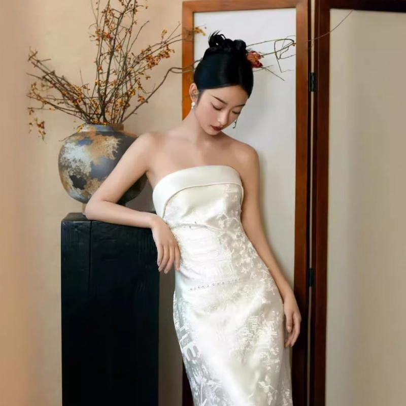 Beth and Brian Qipao-MY Tube top, high-end, white floor-length Cheongsam