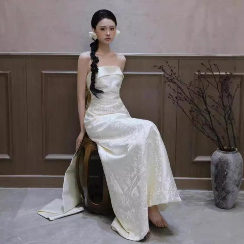 Beth and Brian Qipao-MY Tube top, high-end, white floor-length Cheongsam