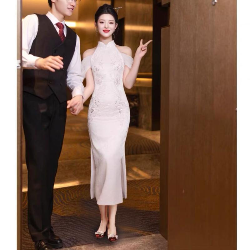 Beth and Brian Qipao-WFY Floral pattern, wedding pink&white mermaid Cheongsam