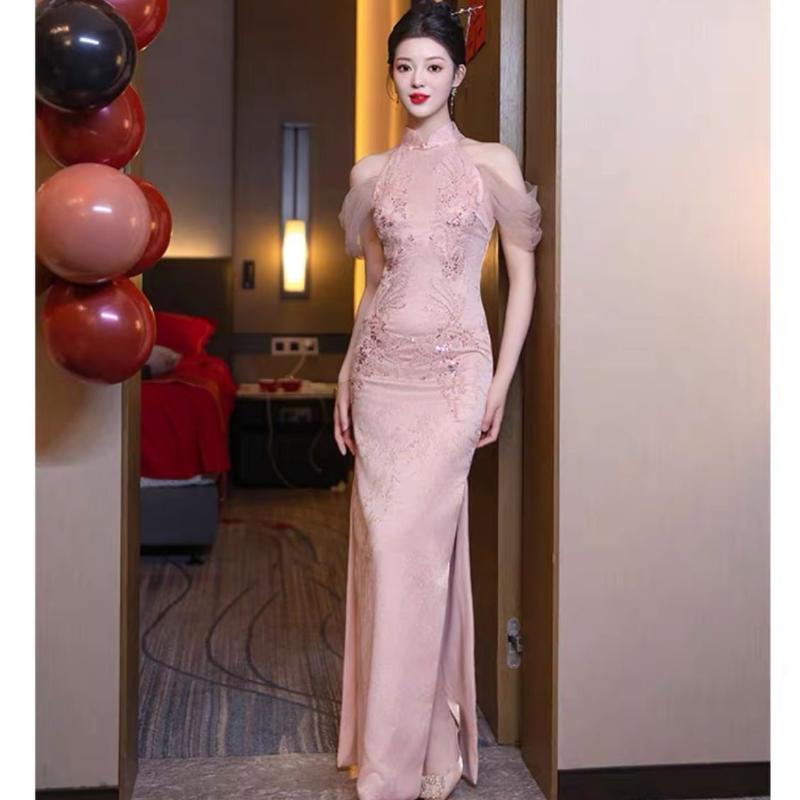 Beth and Brian Qipao-WFY Floral pattern, wedding pink&white mermaid Cheongsam