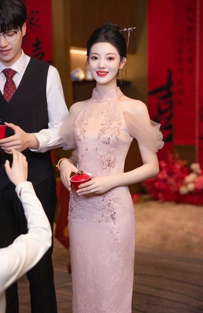 Beth and Brian Qipao-WFY Floral pattern, wedding pink&white mermaid Cheongsam