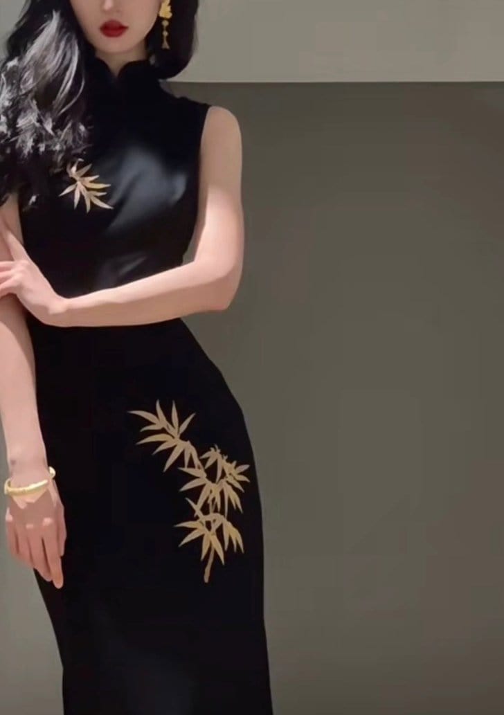 Beth and Brian Qipao-SHY New Chinese style (新中式), gold bamboo leaf pattern, long Cheongsam