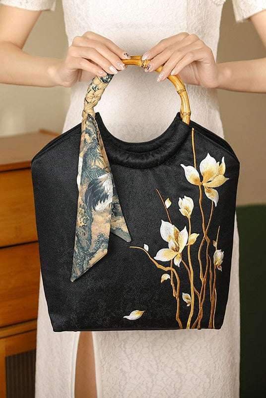 Beth and Brian Qipao-CY Embroidered Wooden Handle Tote Bucket Bag, Chinese style Qipao bag