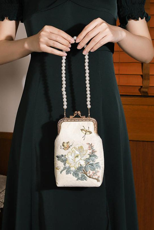 Beth and Brian Qipao-CY Lotus embroidery Handbag, Pearl Chinese style Qipao bag