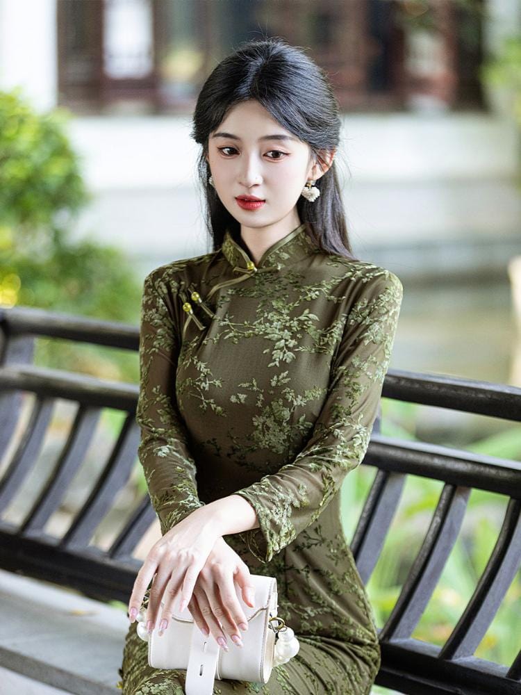 Beth and Brian Qipao-JLM Flocking fabric, floral midi Cheongsam