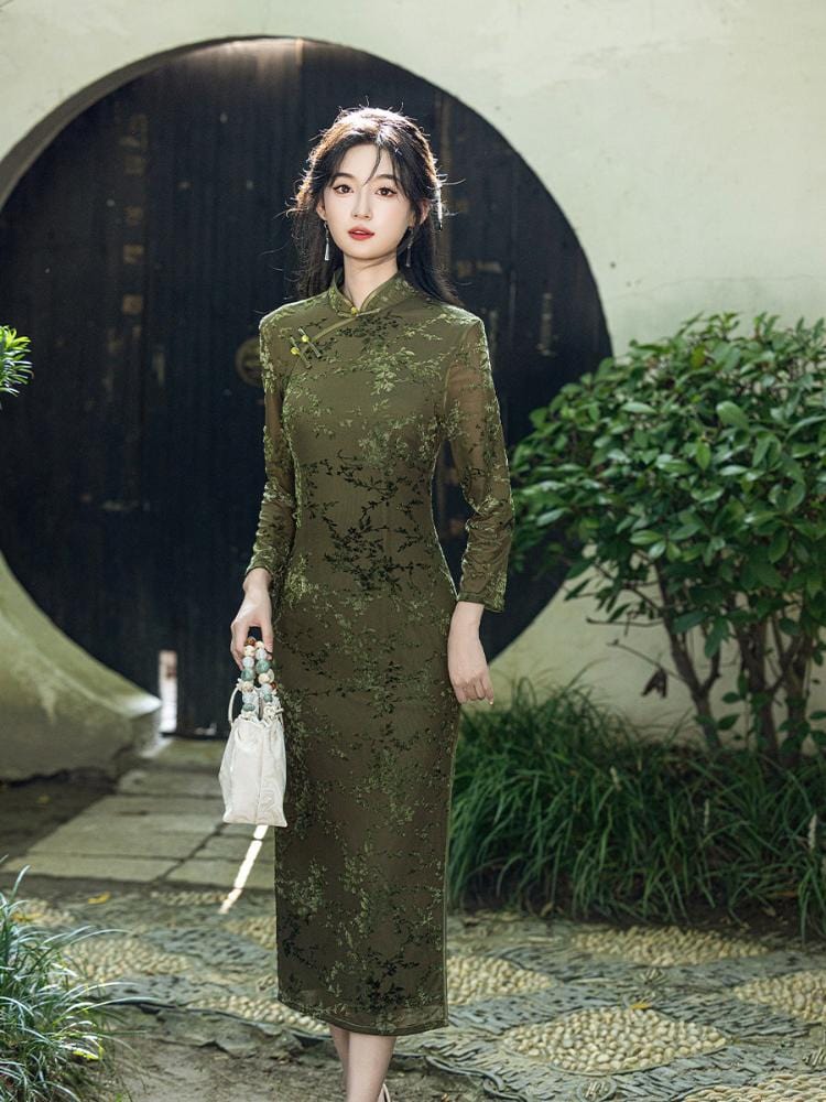 Beth and Brian Qipao-JLM Flocking fabric, floral midi Cheongsam