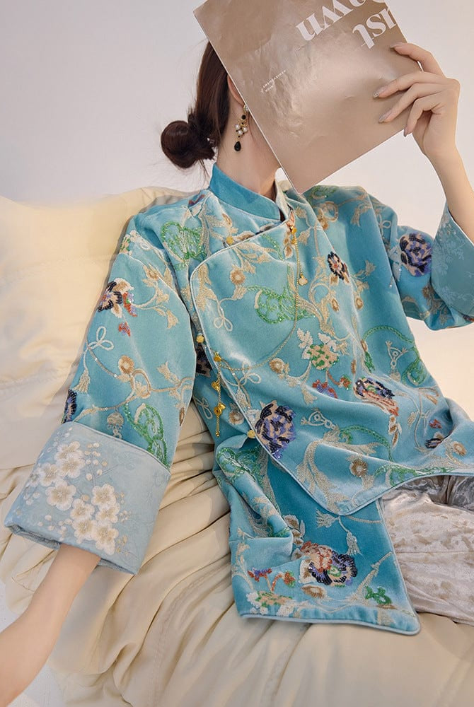 Beth and Brian Qipao-ZHT Floral sequins embroidery, lake blue Qipao top