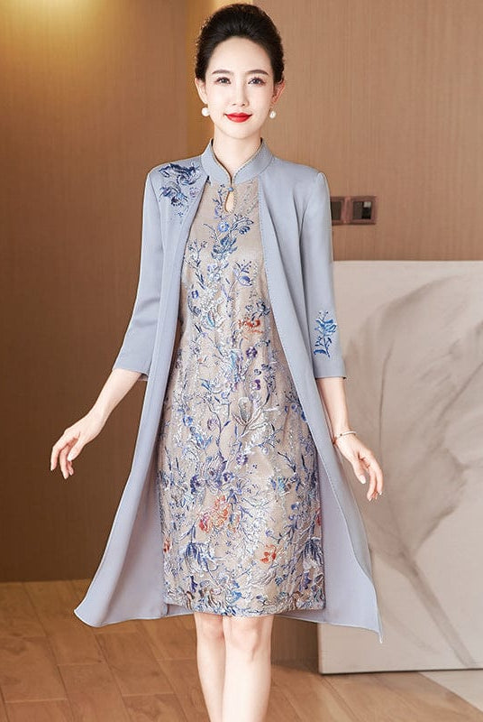 Beth and Brian Qipao-LC Faux two-piece Cheongsam, grey midi Cheongsam