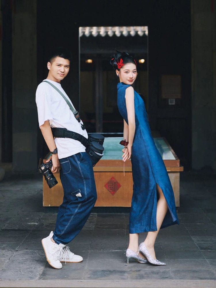 Beth and Brian Qipao-ALS Classic style, blue midi Cheongsam