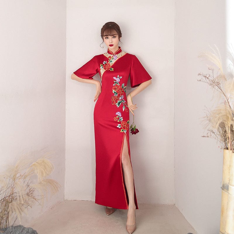 Beth and Brian Qipao-HYY Floral embroidery, red long Cheongsam