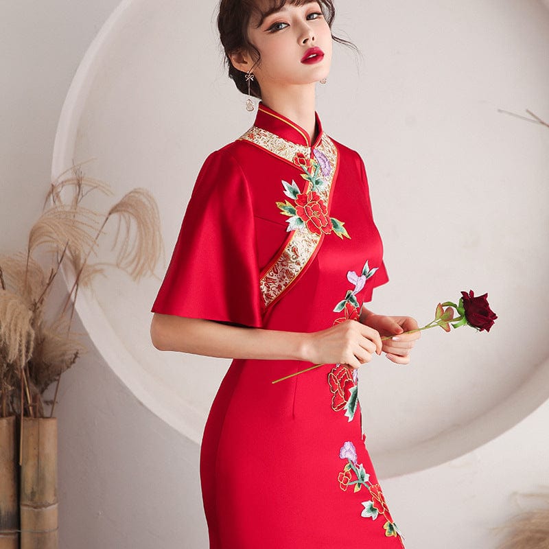 Beth and Brian Qipao-HYY Floral embroidery, red long Cheongsam