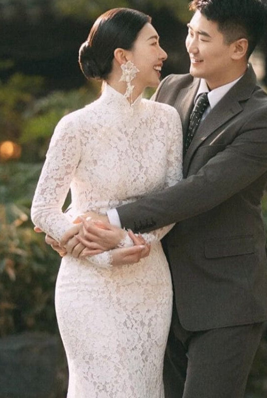 Beth and Brian Qipao - QX Floral pattern, Chinese tradional lace wedding Cheongsam