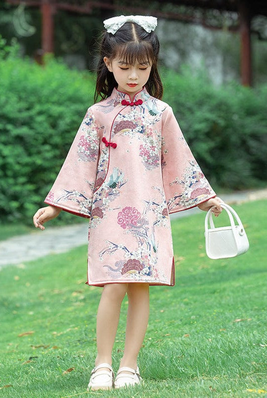 Beth and Brian Qipao-JF Children Qipao dress, gold fish&crane pattern Qipao dress for little girls