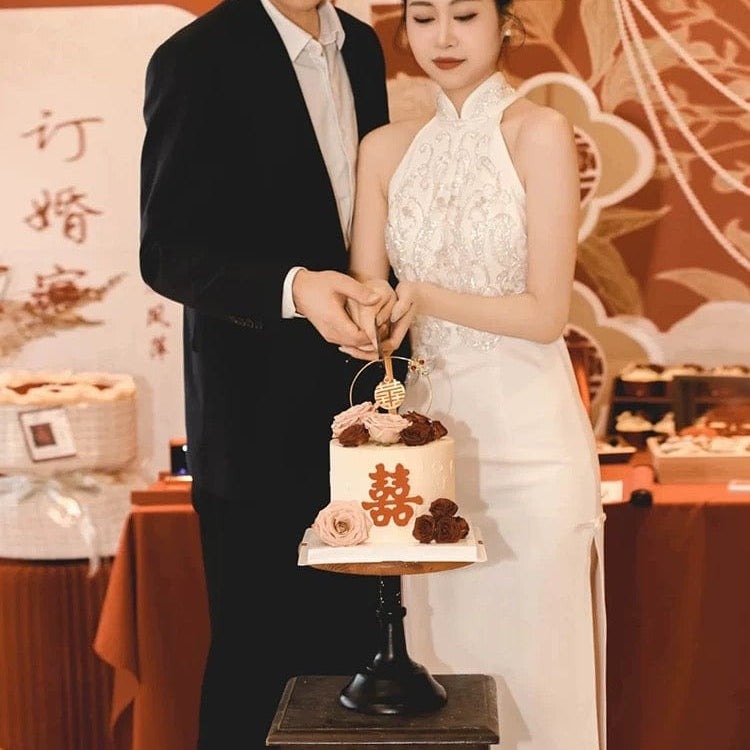Beth and Brian Qipao - YB New Chinese style (新中式), floral embroidery, long red Cheongsam