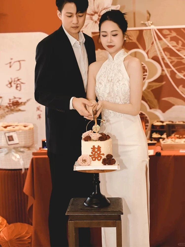 Beth and Brian Qipao - YB New Chinese style (新中式), floral embroidery, long red Cheongsam