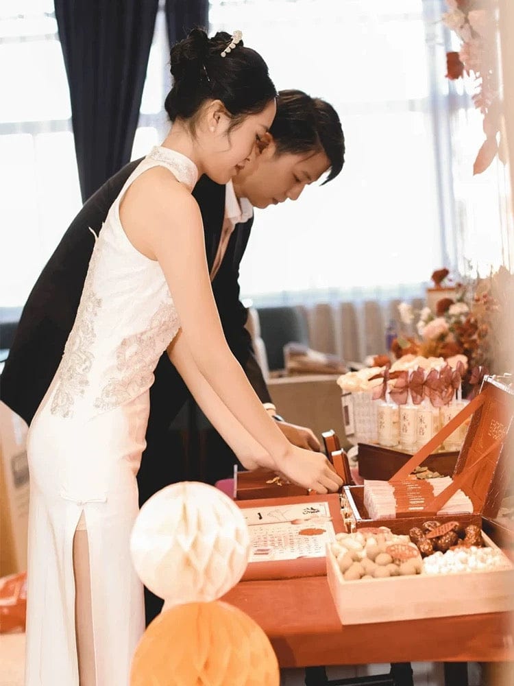 Beth and Brian Qipao - YB New Chinese style (新中式), floral embroidery, long red Cheongsam