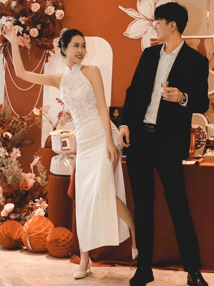 Beth and Brian Qipao - YB New Chinese style (新中式), floral embroidery, long red Cheongsam