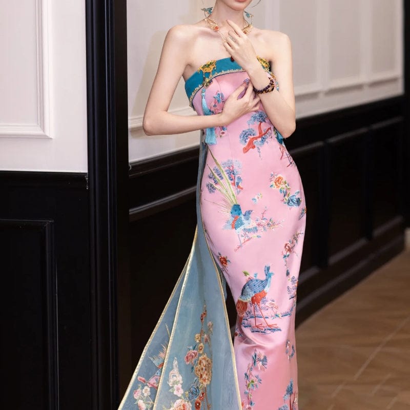 Beth and Brian Qipao-MY Tube top, Peacock embroidery, high-end, pink long Cheongsam