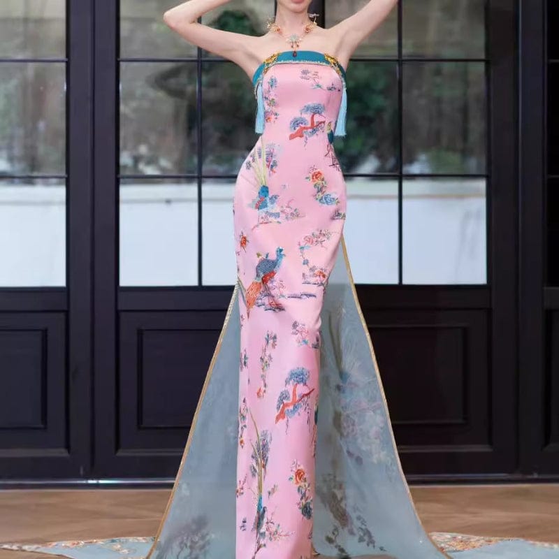 Beth and Brian Qipao-MY Tube top, Peacock embroidery, high-end, pink long Cheongsam