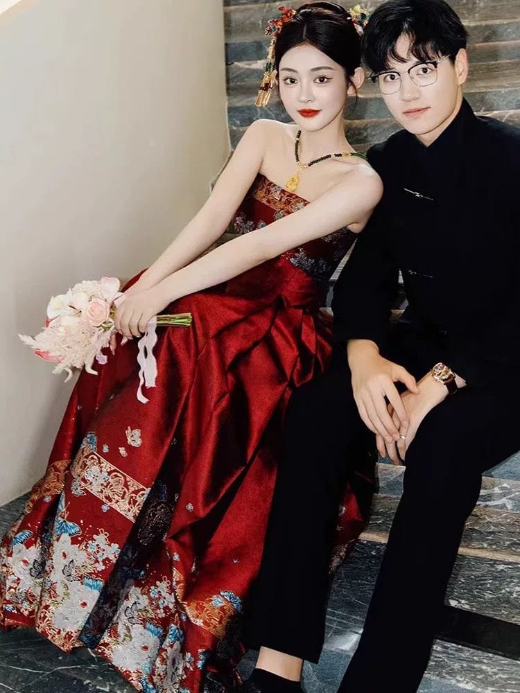 Beth and Brian Qipao-QHM Ming Dynasty, Tube top, wedding long MaMian Qun set