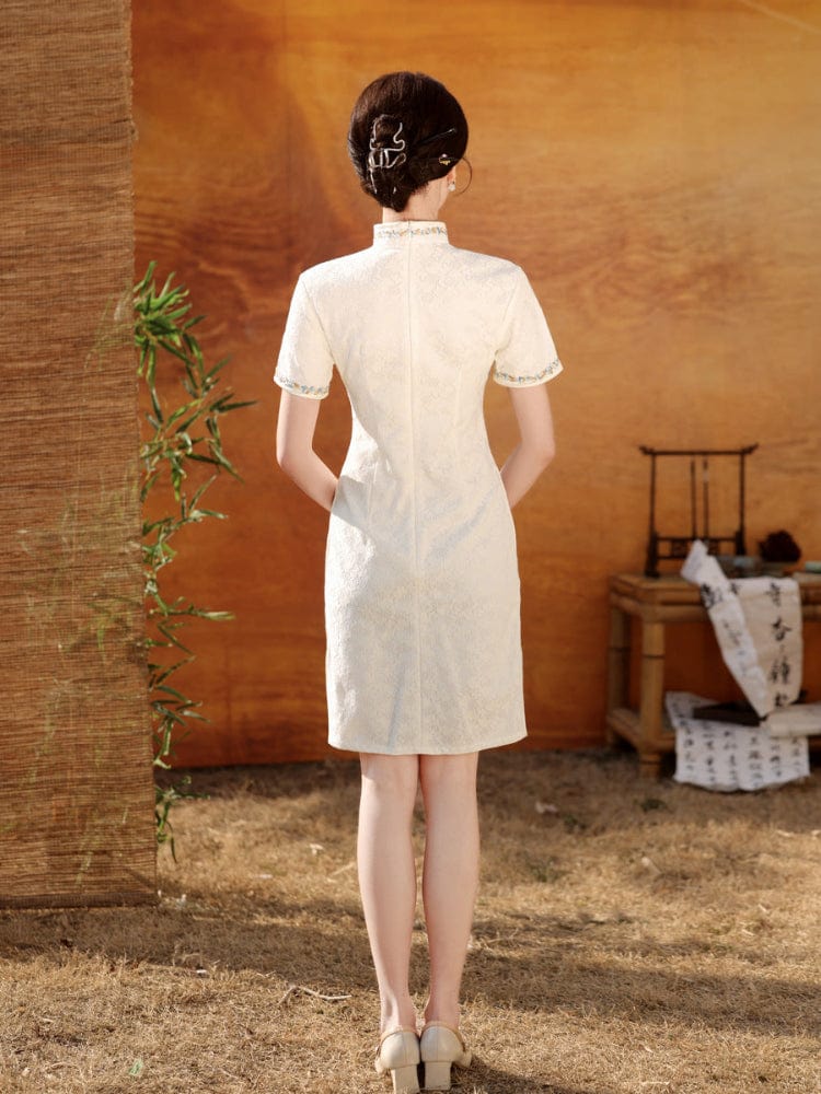 Beth and Brian Qipao-MYJ Floral pattern, beige&green short Cheongsam