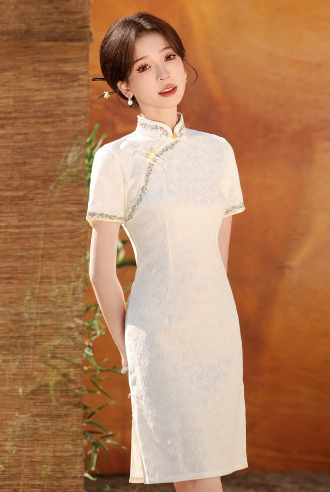 Beth and Brian Qipao-MYJ Floral pattern, beige&green short Cheongsam