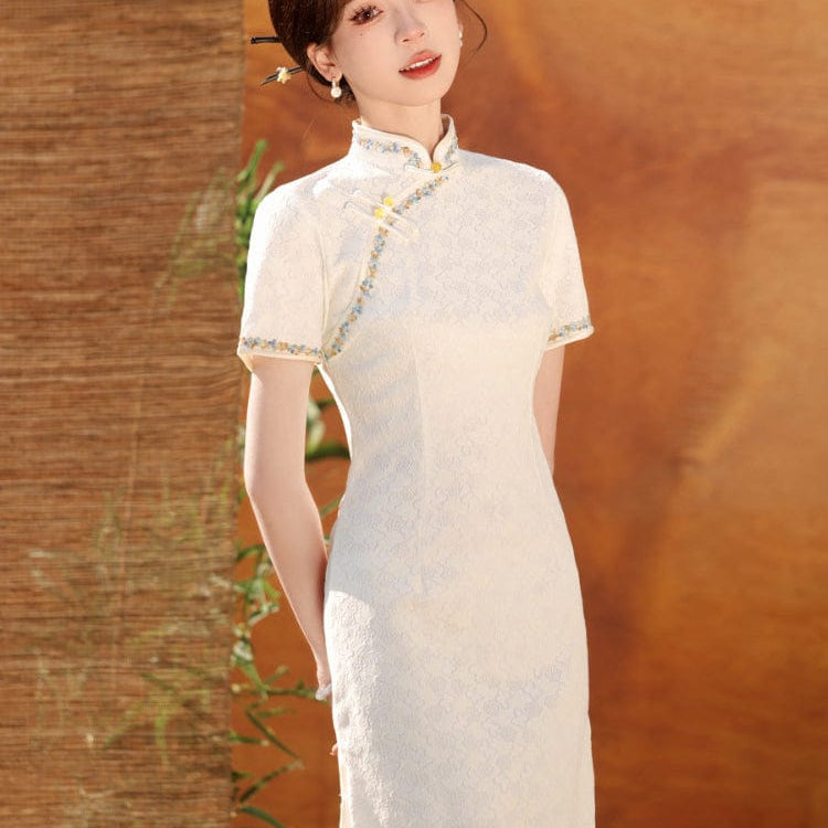 Beth and Brian Qipao-MYJ Floral pattern, beige&green short Cheongsam
