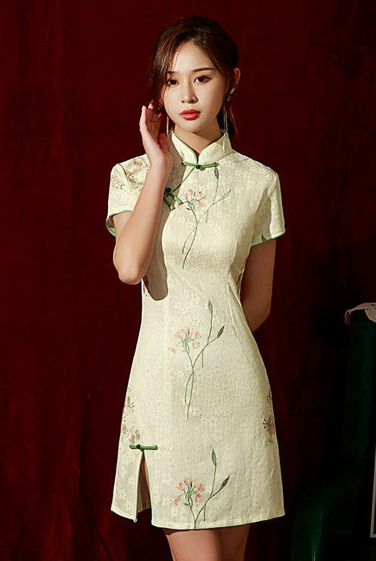 Beth and Brian Qipao-ZQYS Floral pattern, lace beige short Cheongsam