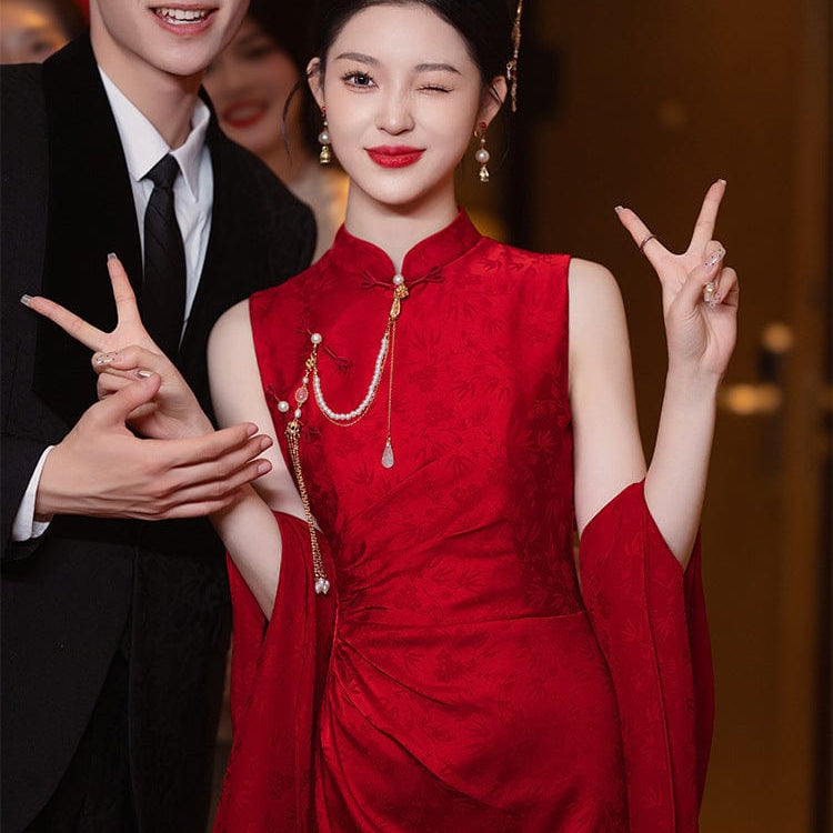 Beth and Brian Qipao-JMX New Chinese style (新中式), jacquard red midi Cheongsam