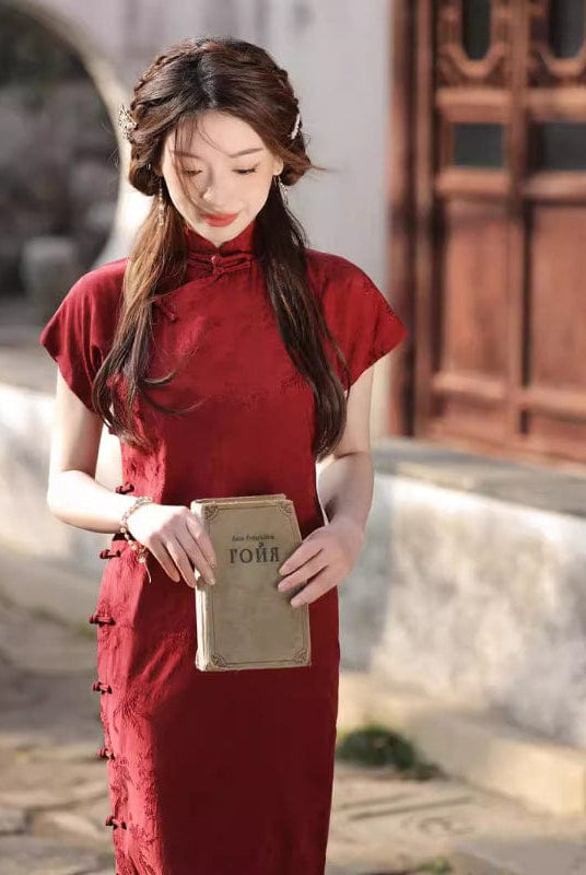 Beth and Brian Qipao-XH Floral pattern, wine red midi Cheongsam