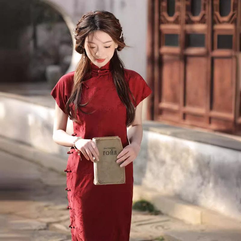 Beth and Brian Qipao-XH Floral pattern, wine red midi Cheongsam