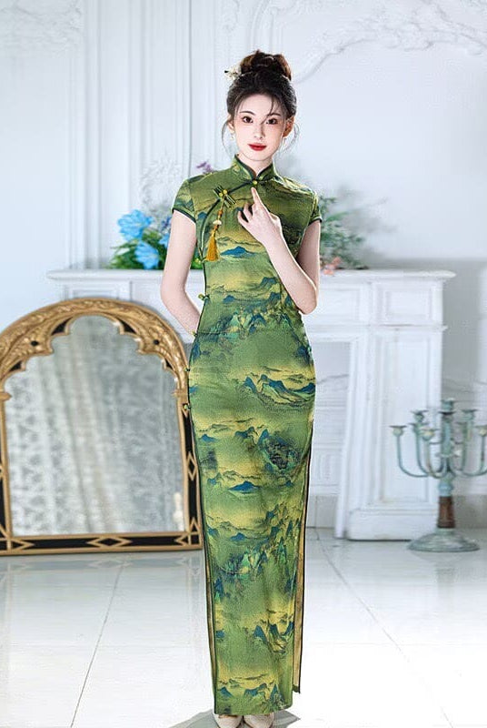 Beth and Brian Qipao-XYG Vivian Chinese Landscape Mountain Print Long Plus Size Cheongsam