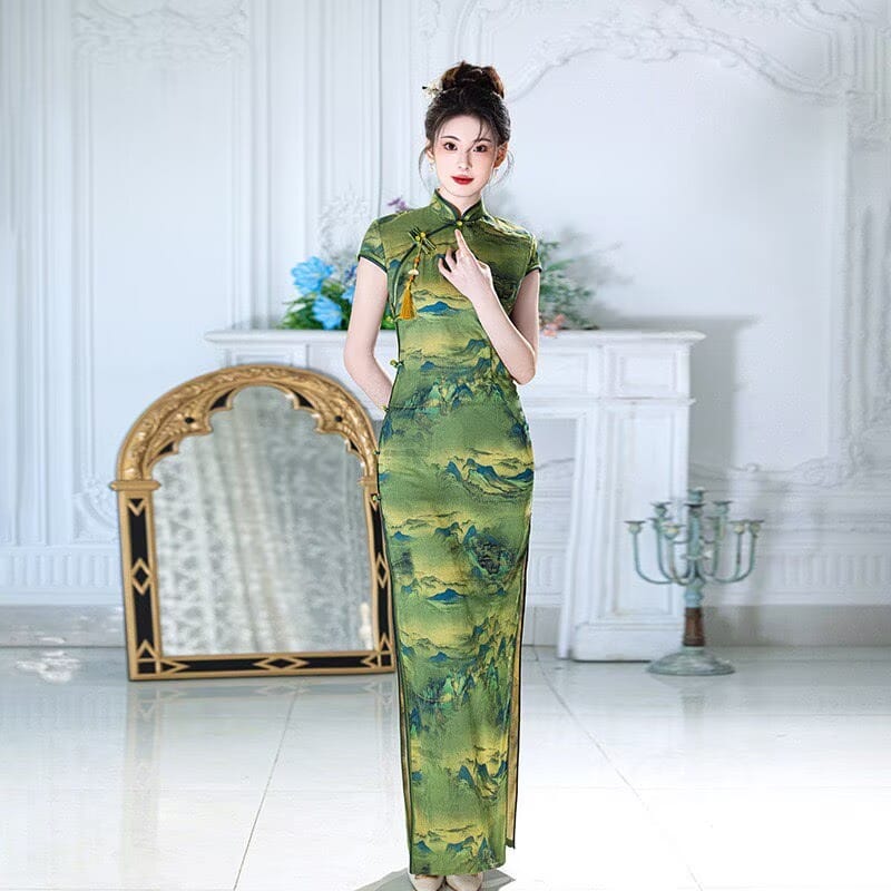 Beth and Brian Qipao-XYG Vivian Chinese Landscape Mountain Print Long Plus Size Cheongsam
