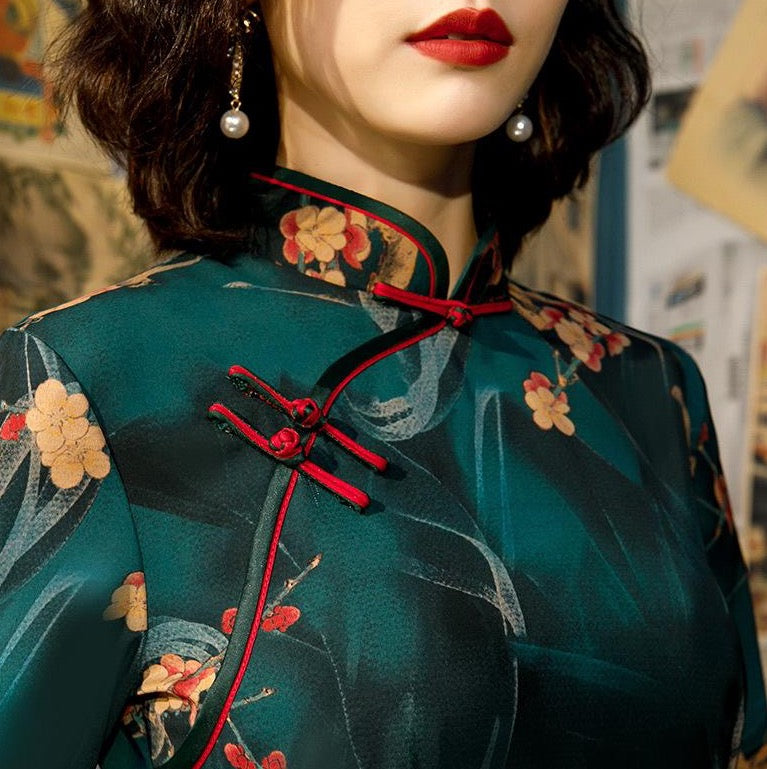 2020 spring and summer three-quarter sleeves long double-layer printed stand-up collar slim fit daily improvement fragrant cloud yarn cheongsam dress