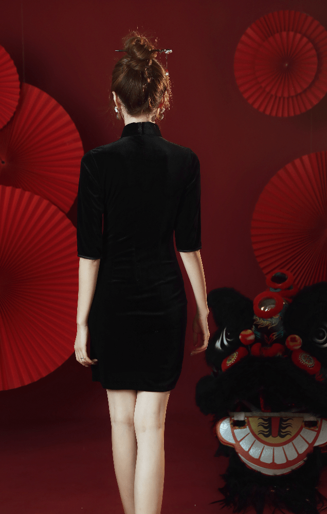 Crane embroidery, velvet fabric, black Qipao dress, short Cheongsam dress
