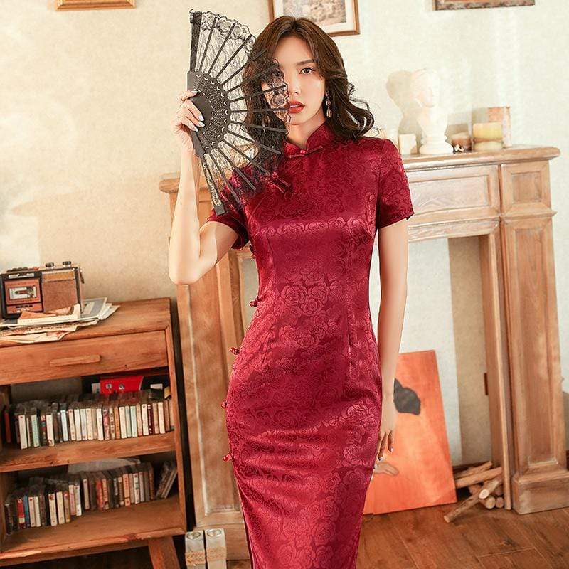 Rose pattern, Jacquard satin long Qipao/Cheongsam dress, retro dress