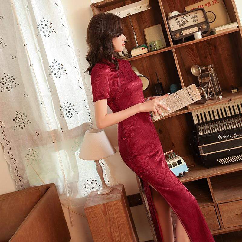 Rose pattern, Jacquard satin long Qipao/Cheongsam dress, retro dress