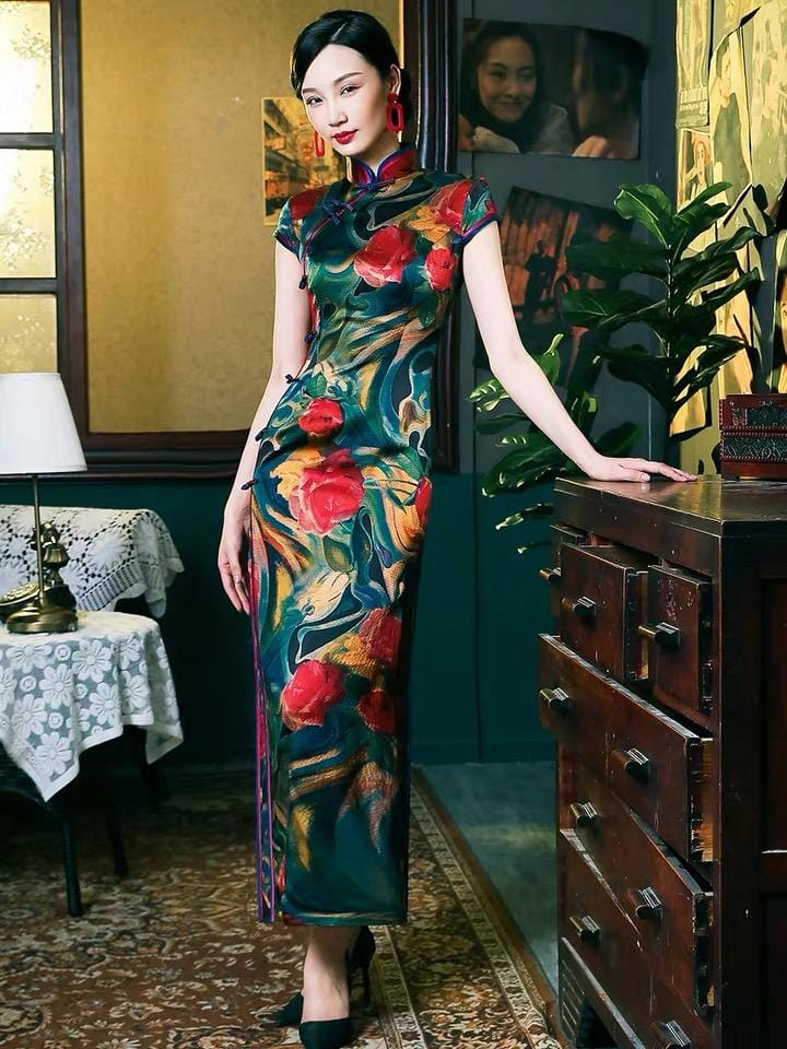 Mulberry silk, floral pattern, old Shanghai style, High-end long Qipao dress