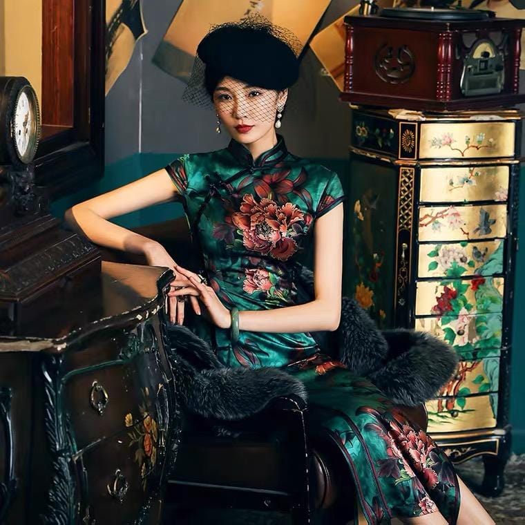 Mulberry silk, floral pattern, High-end, Green Qipao dress
