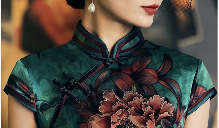 Mulberry silk, floral pattern, High-end, Green Qipao dress