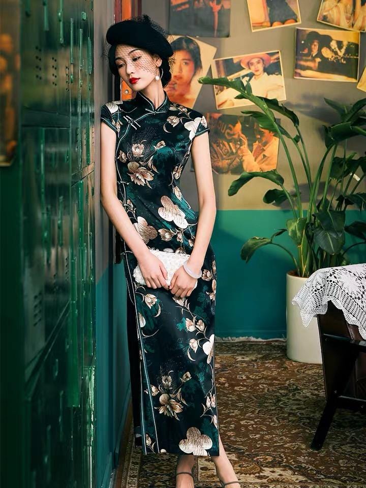 Mulberry silk, Floral pattern, Old Shanghai style, High-end long Qipao