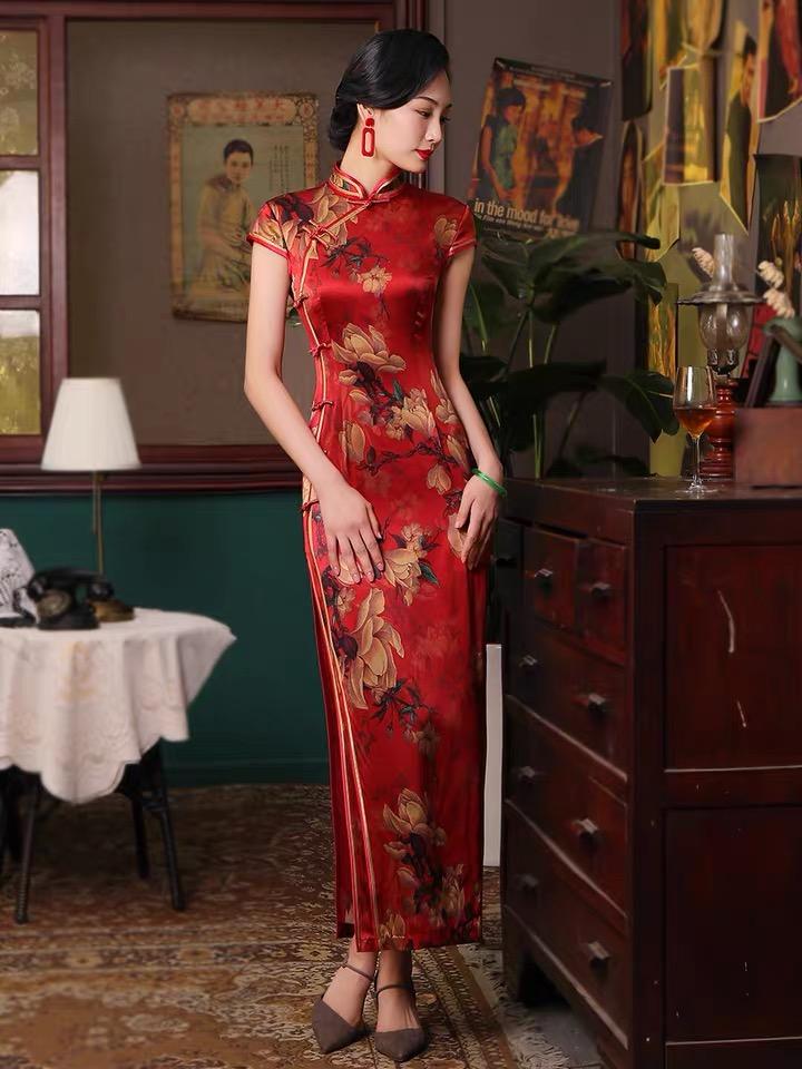 Natural silk, Floral pattern, High-end, long Qipao