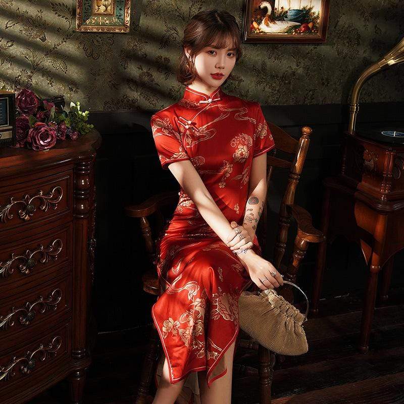Chinese retro style, artificial silk long Qipao with short sleeves