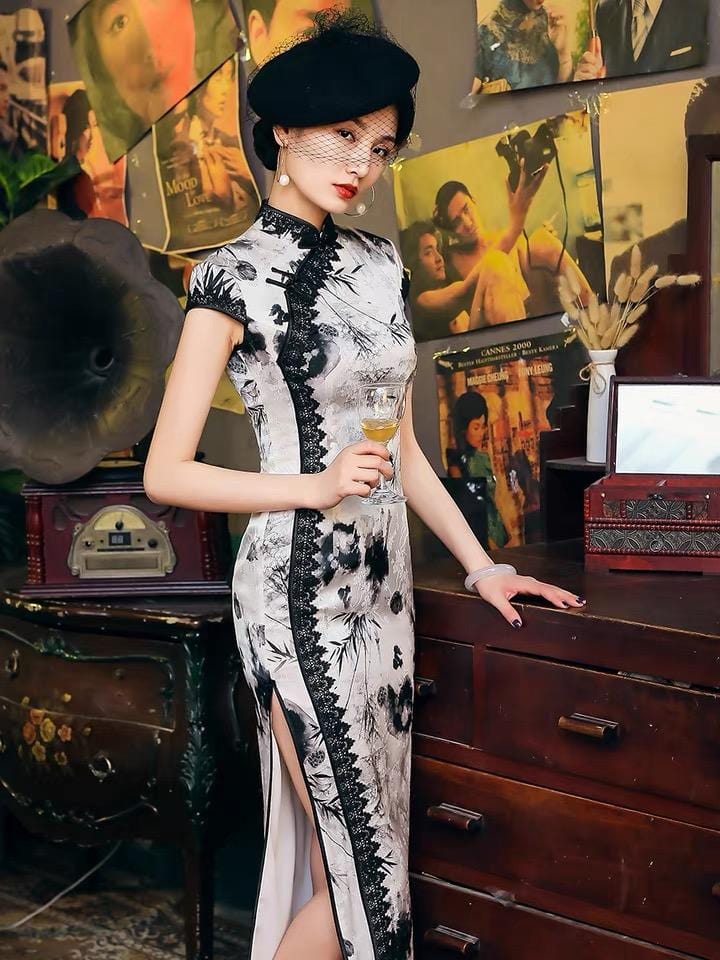 Natural silk, Chinese ink painting, High-end long Qipao